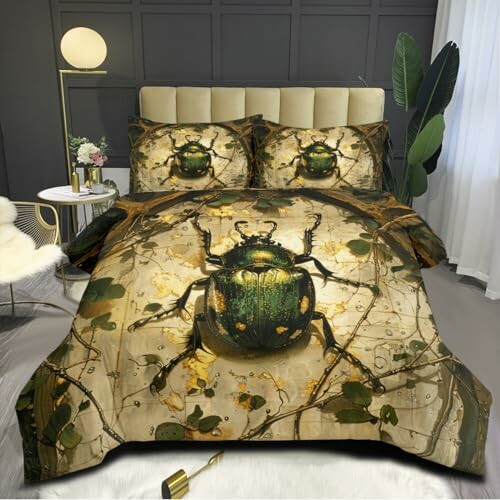 Bedding set with a beetle design on a bed.