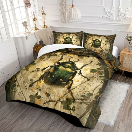 Bed with beetle-themed bedding in a decorated room.