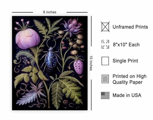 Botanical art print with floral and beetle illustration, 8x10 inches, unframed.