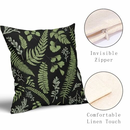 Green botanical pattern pillow with invisible zipper and comfortable linen touch.