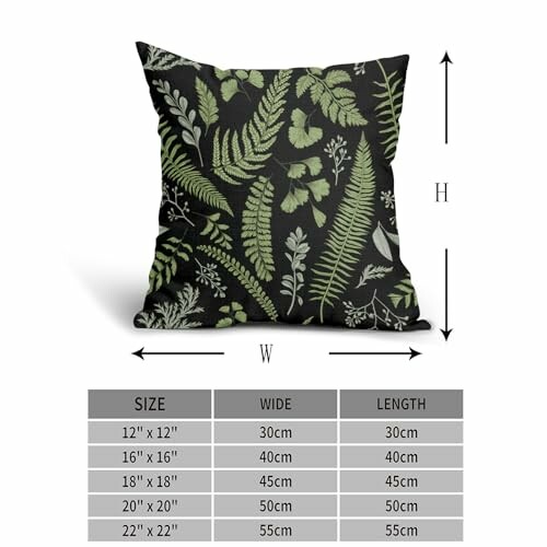 Cushion cover with green botanical print and size chart