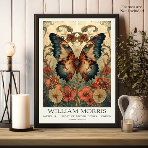 Framed butterfly and floral design poster on a shelf.