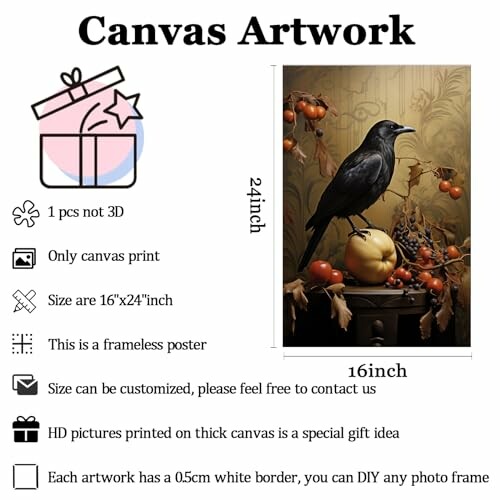 Raven on pumpkin with autumn decor, canvas artwork dimensions and details.