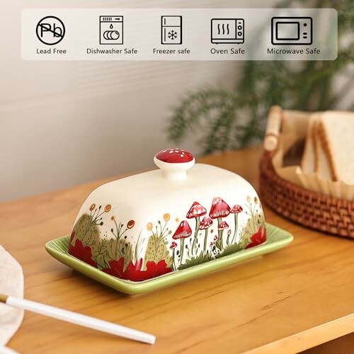 Ceramic butter dish with mushroom design on a kitchen table