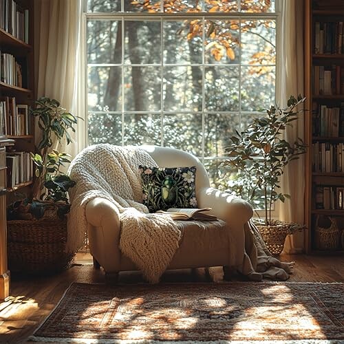 Cozy armchair with blanket and pillow by a sunlit window in a home library.