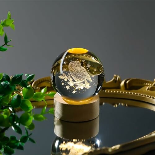 Crystal ball with engraved owl on reflective surface