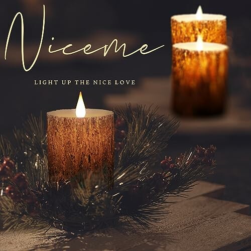 Decorative candle lit with pine branch decoration