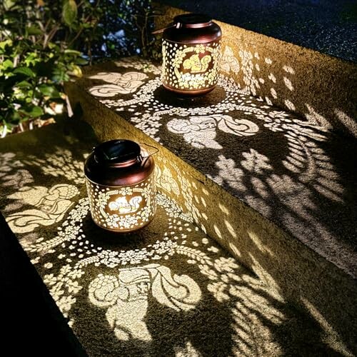 Decorative lanterns casting intricate shadow patterns on steps.