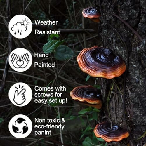 Decorative mushrooms on a tree with eco-friendly features listed.