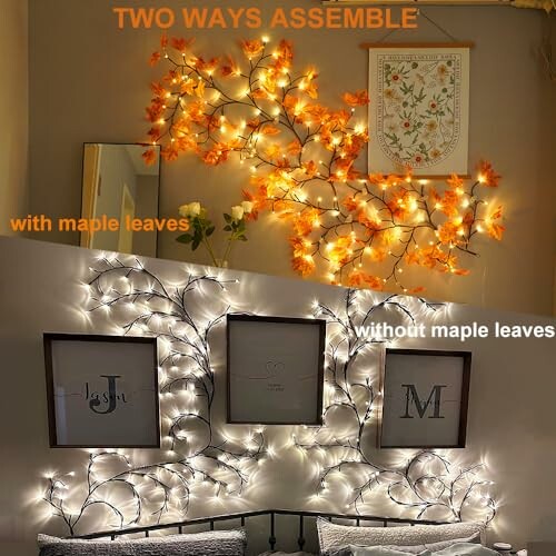 Decorative string lights with and without maple leaves on wall.