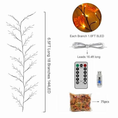 LED tree lights with remote and dried leaves.