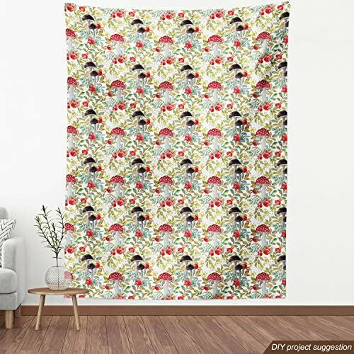 Colorful tapestry with floral and mushroom pattern hanging on wall