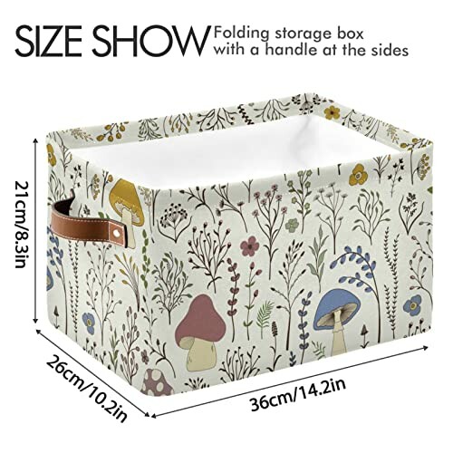 Folding storage box with floral pattern and side handle, dimensions 21cm x 26cm x 36cm.