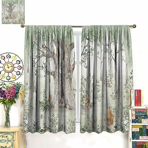 Forest-themed curtains with trees and animals, window view.