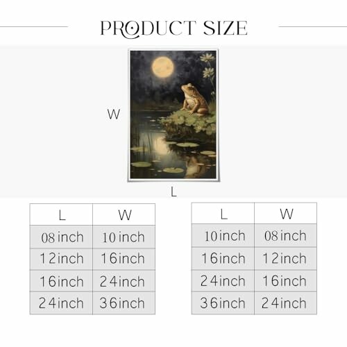 Frog under moon art print with size chart.