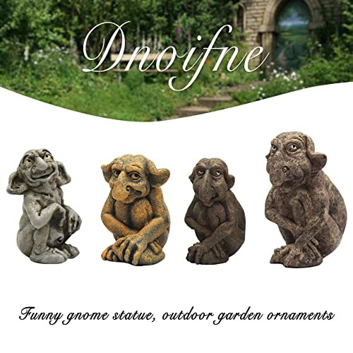 Four humorous gnome statues in a garden setting.