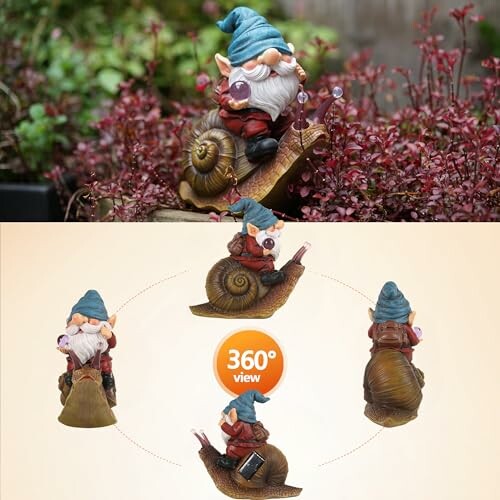 Garden gnome sitting on a snail with 360-degree views.
