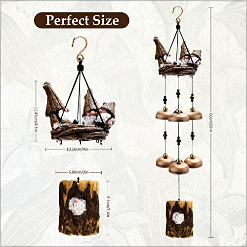 Gnome-themed wind chime with detailed size dimensions.