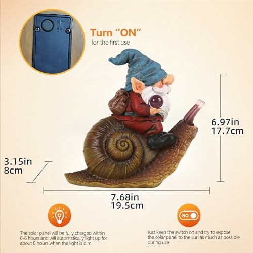 Gnome figure on snail with solar light instructions.