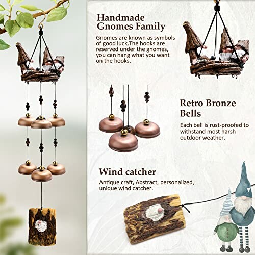 Handmade gnomes wind chime with bronze bells and wind catcher