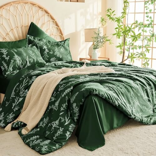 Green botanical bedding set with plants and natural light.