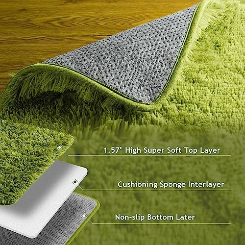 Green fluffy rug with cushioning layers and non-slip bottom.