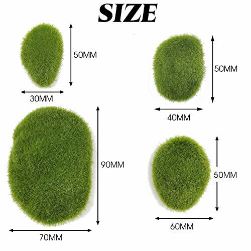 Three green moss rocks of different sizes with dimensions labeled.