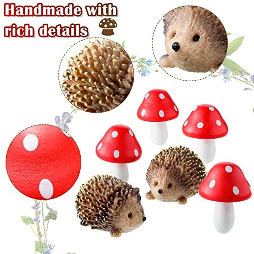 Miniature hedgehog and mushroom figurines with rich details.