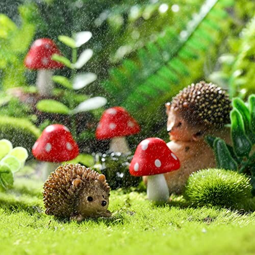 Hedgehogs in a forest with red mushrooms.