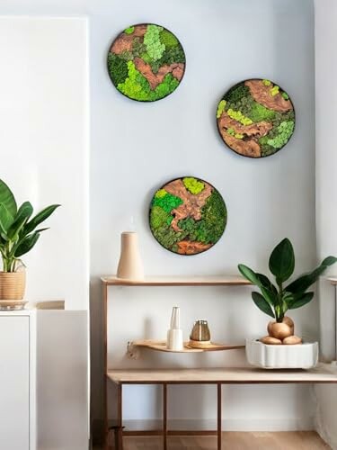 Modern living space with indoor plants and circular wall art