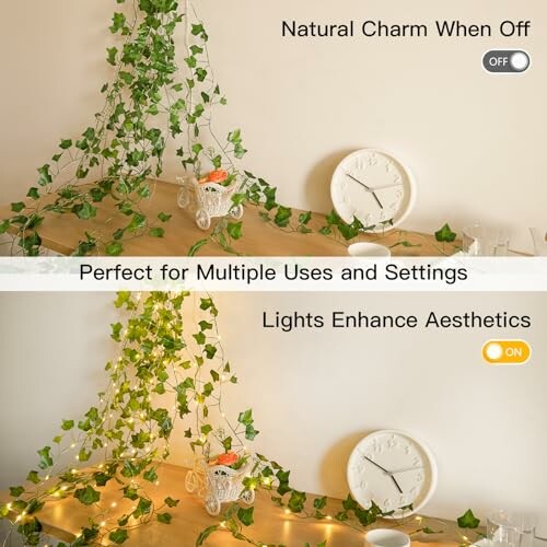 Comparison of decorative ivy and lights off and on.