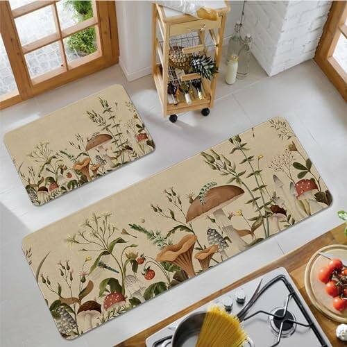 Kitchen mats with herb and mushroom design on a wooden floor.