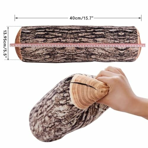 Log-shaped pillow with measurements