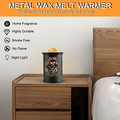 Metal wax melt warmer on wooden nightstand with features listed.