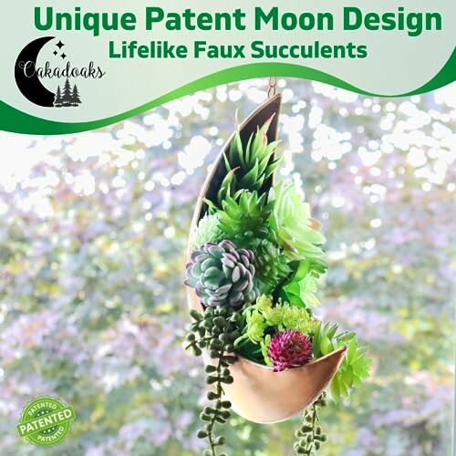 Moon-shaped planter with lifelike faux succulents.