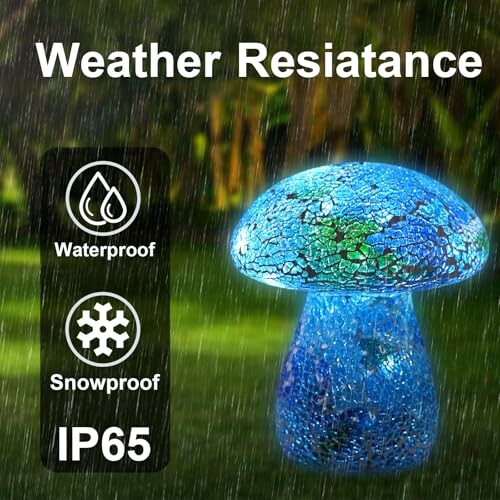 Blue mosaic mushroom-shaped light with weather resistance features, including waterproof and snowproof, labeled IP65.