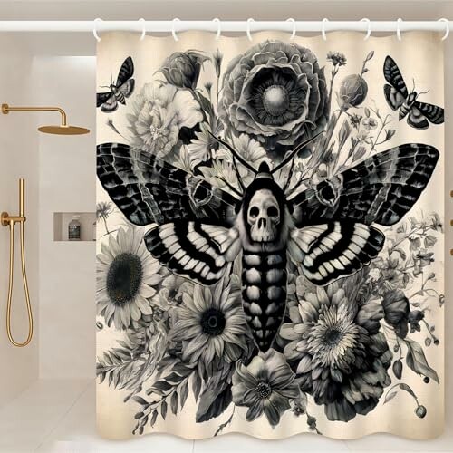 Black and white moth with floral design shower curtain