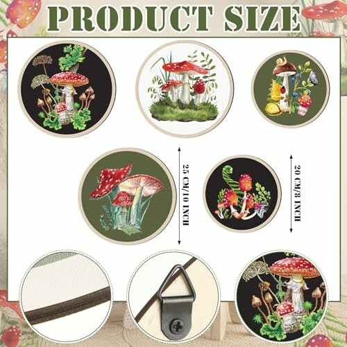 Mushroom-themed art product size guide with illustrations.