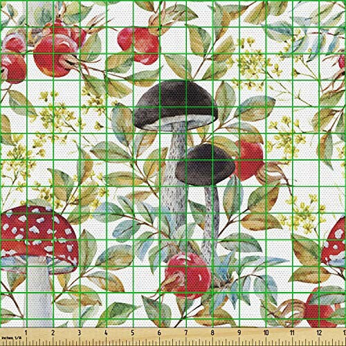 Botanical pattern with mushrooms and berries on a grid background