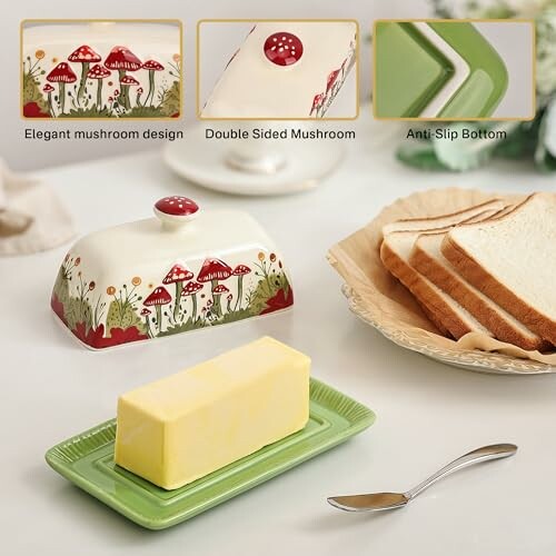 Mushroom-themed butter dish set with sliced bread