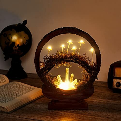 Decorative lamp with glowing mushrooms and crystals on a wooden base.