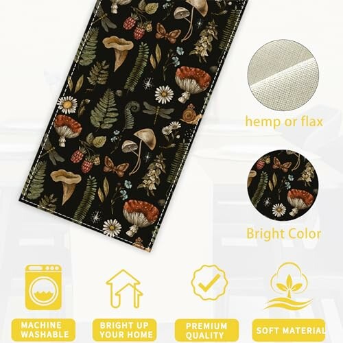 Mushroom and fern patterned table runner with fabric details and icons for machine washable, bright home, premium quality, soft material.