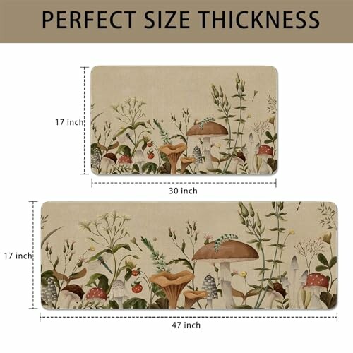 Two sizes of mushroom-themed decorative rugs with floral patterns.