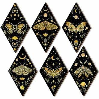 Diamond-shaped mystical moth art prints with celestial themes.