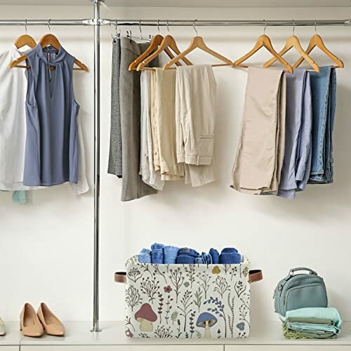 Neatly organized closet with hanging clothes, a storage bin, and shoes.