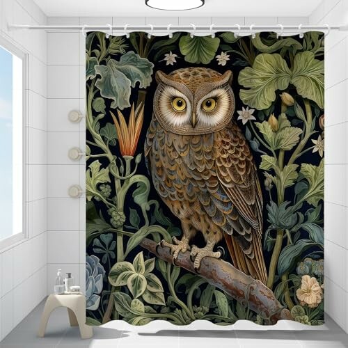 Owl perched on branch with floral background shower curtain