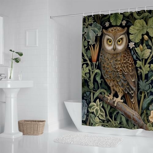 Bathroom with owl-themed shower curtain and white fixtures