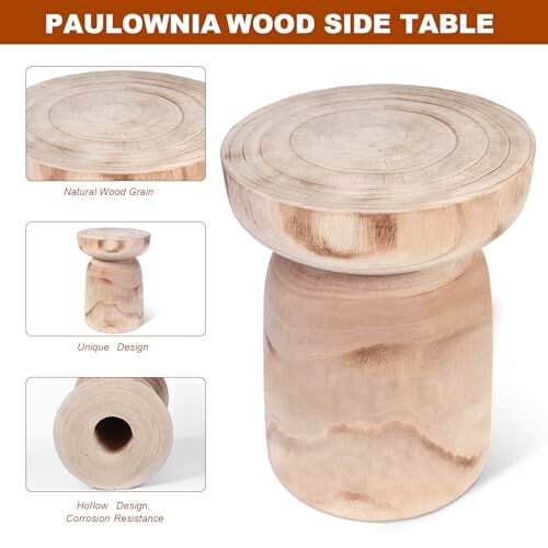 Paulownia wood side table with natural grain and unique design.