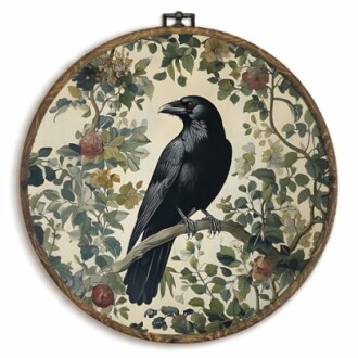 Embroidery hoop art depicting a raven on a floral branch.