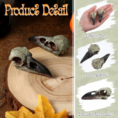 Resin raven skull decor with product details.